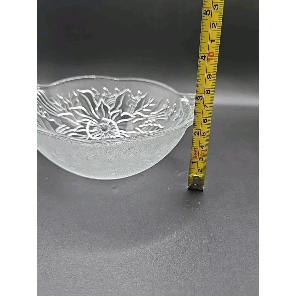 Clear and Frosted Poinsettia and Holly Candy Nut Bowl 2 Handles 6.5